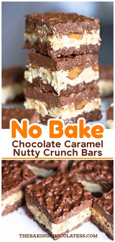 no bake chocolate caramel nutty crunch bars stacked on top of each other