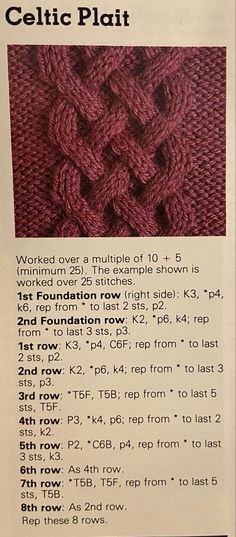 the knitting pattern for celtic plait is shown in red and black, with instructions to