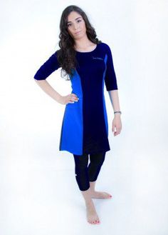 Modest Swim Tunic - Blue & Navy Blue Sara Fashion, Swim Dresses, Short Tunic, How To Wear Leggings, Tunic Leggings, Costume Patterns