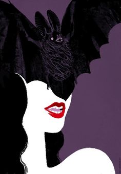 a woman with black hair and a bat on her head is shown in this illustration