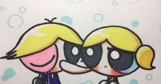 two cartoon characters are hugging each other in front of bubbles and bubbles on the wall