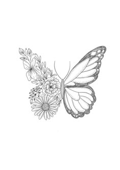 a black and white drawing of a butterfly with flowers