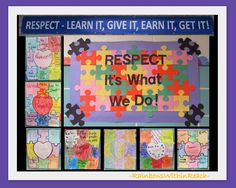 a bulletin board with pieces of puzzles and words that read respect, it's what we do