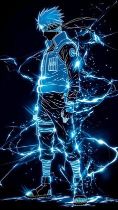 an anime character with blue hair standing in front of bright lights and lines on a black background