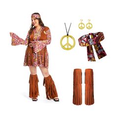 a woman is dressed in hippie clothing and has peace signs on her necklace, scarf, boots, and headband