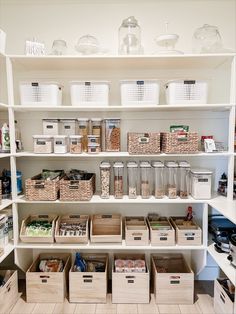 an organized pantry filled with lots of food and storage bins on top of shelves