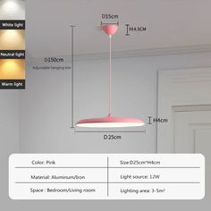 the light fixture is shown with measurements for different lighting types and colors, including pink