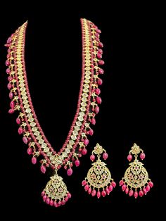 Gold plated Rani haar earrings set  length on each side 13.8 inches  real ruby beads used  clear stones - Cz Polki  earrings 2.3 inches Hand-set Ruby Temple Jewelry Sets, Ruby Jewelry For Celebrations And Festivals, Ruby Temple Jewelry For Celebration, Red Kundan Dangle Jewelry, Ruby Jewelry For Diwali Celebration, Festive Hand Set Ruby Jewelry Sets, Festive Hand-set Ruby Jewelry Sets, Festive Ruby Dangle Jewelry, Traditional Bridal Necklace With Jewels And Cubic Zirconia