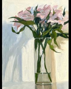 a painting of pink flowers in a glass vase