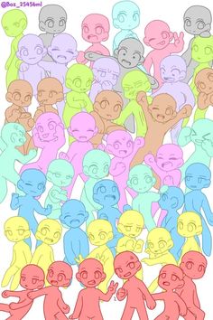 a group of cartoon characters standing in front of each other with different colored faces and body shapes