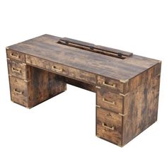 an old wooden desk with two drawers and a drawer on the top, sitting against a white background