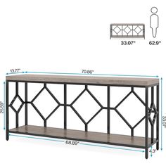 the sideboard is shown with measurements for each section and features an iron frame, wood top