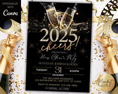 new year's eve party flyer with champagne glasses and streamers on the table