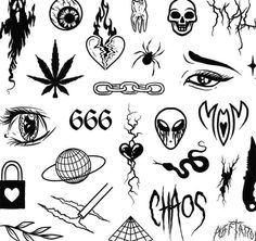 various tattoo designs and symbols on a white background, including eyes, lips, hearts, arrows, stars, etc