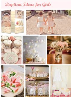 a collage of photos with pink and white items in them, including cakes, cupcakes, baby's first birthday