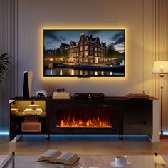 a living room with a fire place and a large television mounted on the wall above it