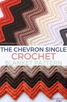 the chevron single crochet blanket pattern is shown in orange, brown and white