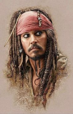 a drawing of captain jack sparrow from the movie pirates, with dreadlocks on his head