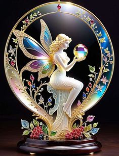 a beautiful fairy figurine holding a crystal ball in its hand and sitting on top of a wooden base