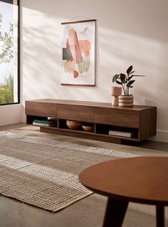 a living room with a rug, table and plant in front of a large window