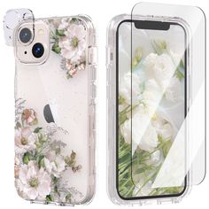 an iphone case with flowers and leaves on the front, and back cover in clear