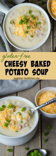 two bowls filled with cheesy baked potato soup