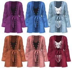 four different colored dresses with laces on the neckline and long sleeves, all in various colors