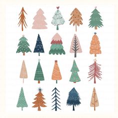 christmas trees in different colors and sizes on a white background with the words merry written below them