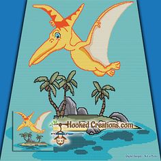 an image of a cartoon bird flying over the ocean with palm trees and island in the background