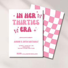 a pink and white checkered birthday card with the words in her thirties era on it