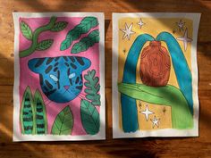 two paintings on paper with leaves and a cat in the middle one has a blue face