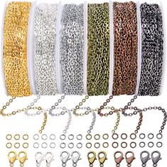 many different types of chains and shacks with hooks on each side, all in various colors