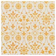 an orange and white wallpaper pattern with flowers on the left side, and leaves on the right side