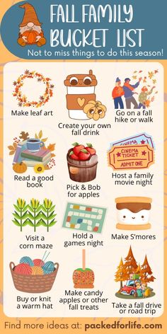 the fall family bucket list is shown in this graphic style, with instructions for how to use