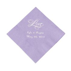 a purple napkin with the word love printed on it and a monogrammed design