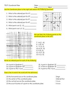 This is the test that I give to my 6th grade math students assessing them on the coordinate plane unit. This test assesses naming points on the coordinate plane, graphing points on the coordinate plane, identifying quadrants in which points are located, reflecting points on the coordinate plane, and finding the distance between points on the coordinate plane. There are two different versions of this test. One version has a real-world constructed response question, and the other version does not. 6th Grade Math, Constructed Response, Coordinate Plane, 6th Grade, The Test, Assessment, The Unit