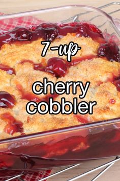 three ingredient cherry cobbler recipe in a glass casserole dish with text overlay