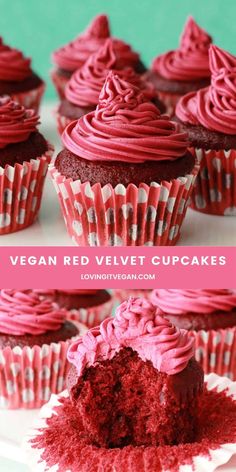 red velvet cupcakes with pink frosting on top and the words vegan red velvet cupcakes above them