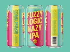 three cans of fuzzy logic hazy beer on a green background with pink and yellow lettering