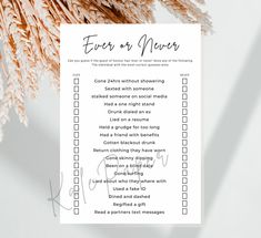 a printable wedding checklist with the words,'ever or never'on it