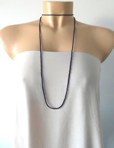 Long dainty beaded navy blue necklace, layering necklace, boho necklace, blue seed bead necklace, na Elegant Blue Beaded Layered Necklace, Blue Long Beaded Necklace With Tiny Beads, Elegant Blue Beaded Necklaces With Black Beads, Blue Multi-strand Necklace With Tiny Beads, Navy Blue Outfits, Blue Seed Bead Necklace, Navy Blue Necklace, Navy Blue Outfit, Silver Bar Bracelet