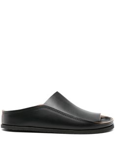 black calf leather smooth grain round open toe slip-on style branded moulded footbed flat rubber sole Black Open Toe Slip-ons, Modern Slip-on Slides With Leather Sole, Spring Leather Slides With Stitched Sole, Leather Slides With Stitched Sole For Spring, Slip-on Open Toe Sandals With Stitched Sole, Classic Sandals With Flat Heel And Rubber Sole, Leather Slip-on Sandals With Stitched Sole, Classic Slip-on Sandals With Leather Sole, Modern Slip-on Slides With Textured Sole