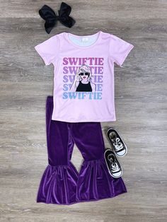 Swiftie Fan Purple Velvet Bell Bottoms Girls Outfit - Sydney So Sweet Velvet Bell Bottoms, Ohio Girls, Lavender Shirt, Thanksgiving Fashion, Easter Fashion, Girls Boutique Clothing, Outfit Pink, Silk Bottoms, Outfit Shop