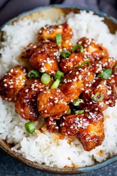 a bowl filled with rice and meat covered in sesame seeds