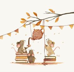 two mouses are sitting on books and one is hanging from a tree with leaves