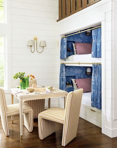 a dining room table and chairs in front of a bunk bed with blue curtains on it