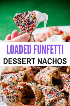 a hand holding up a sprinkled funnel cake with the words loaded funfit dessert nachos