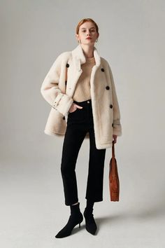 Fibflx Women's Oversized Double-breasted Brown Shearling Coat With Stand Collar Chalk White, Shearling Coat, Modest Fashion, Stand Collar, Double Breasted, Timeless Design, Contemporary Design, Chalk, Relaxed Fit