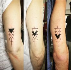 three different tattoos on the arms of men and women, each with an inverted triangle