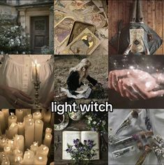 a collage of photos with candles and pictures on them that say light witch,